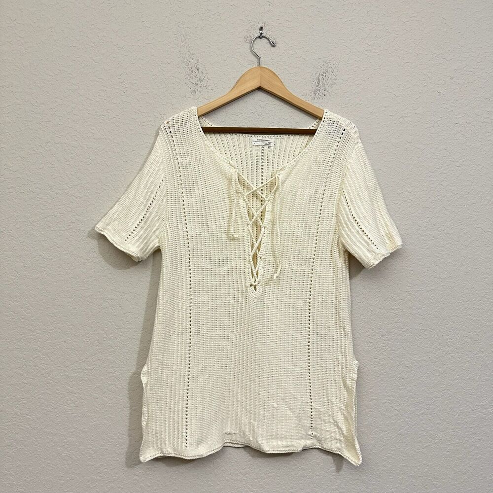 by ANTHROPOLOGIE Lace-Up Knit Top in Ivory